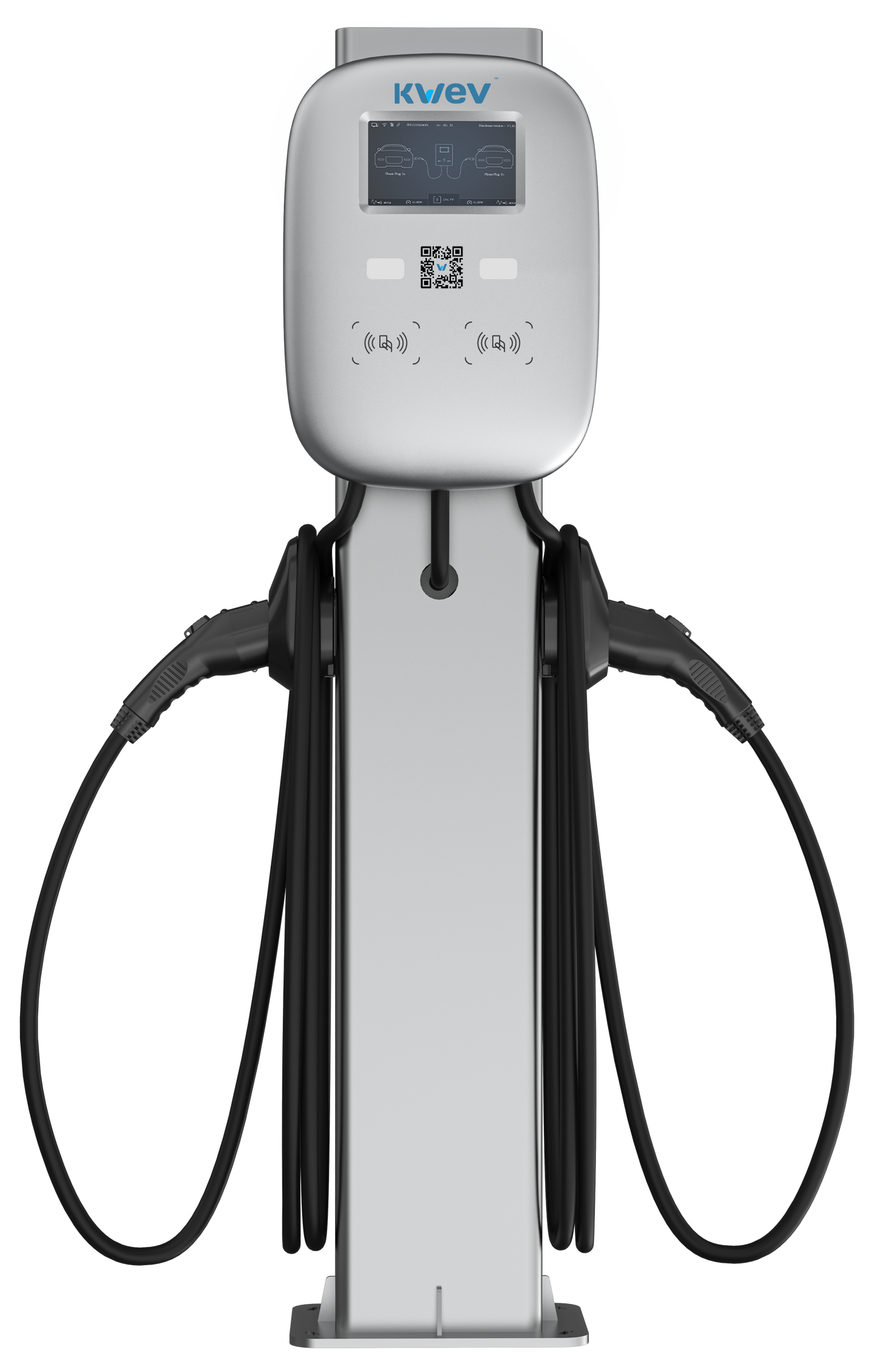 11.5kW x2, Dual Port Pedestal Mount EV Charging Station with Display and 25ft Cables.