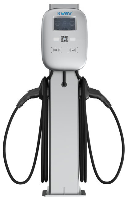 11.5kW x2, Dual Port Pedestal Mount EV Charging Station with Display and 25ft Cables.