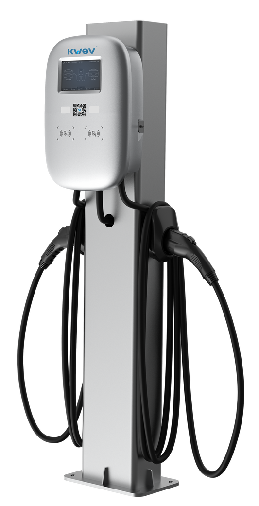 11.5kW x2, Dual Port Pedestal Mount EV Charging Station with Display and 25ft Cables.